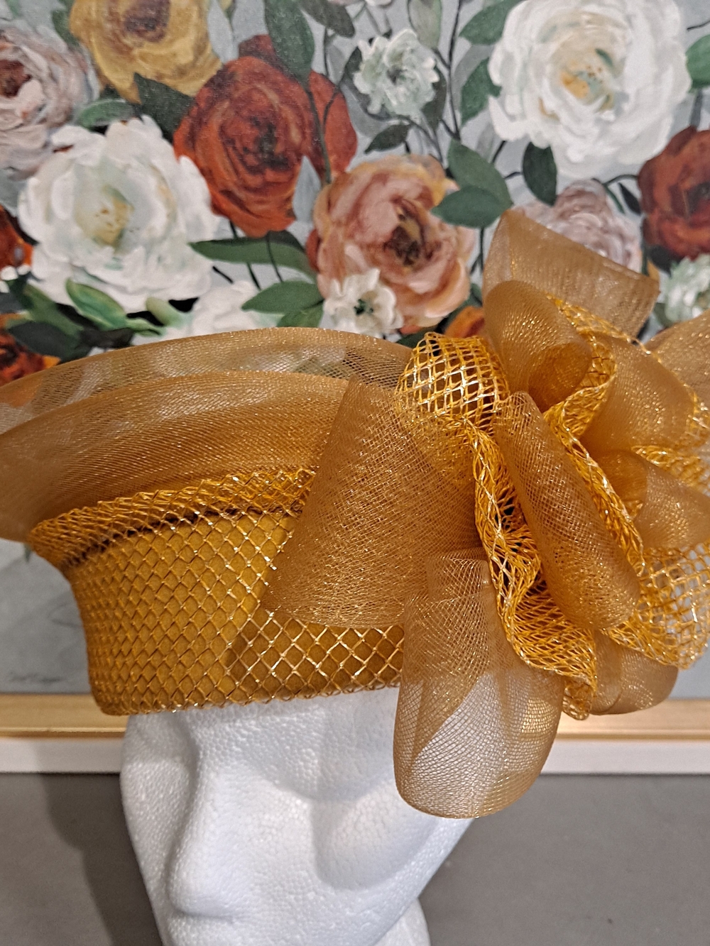 Deborah NY Vintage Wool Gold Fascinator Hat W/Bow Fishnet Mesh Derby High Tea